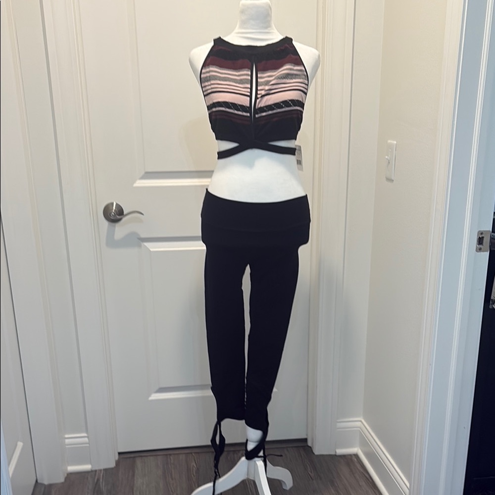 Free People Black and Pink Striped Crop Top and Boomboom Leggings Set